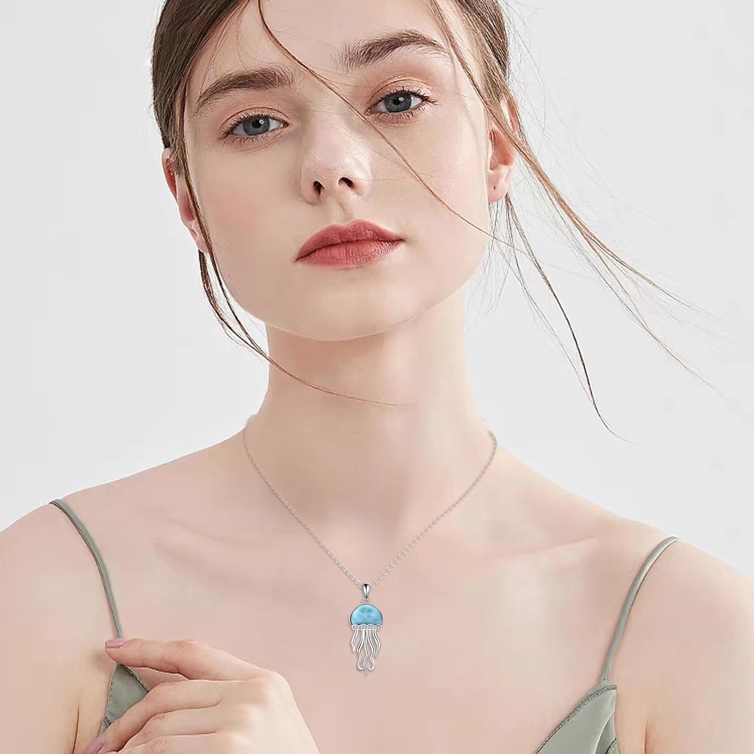 Jellyfish Necklace 925 Sterling Silver Larimar Necklace Ocean Jellyfish Larimar Jewelry for Women Men