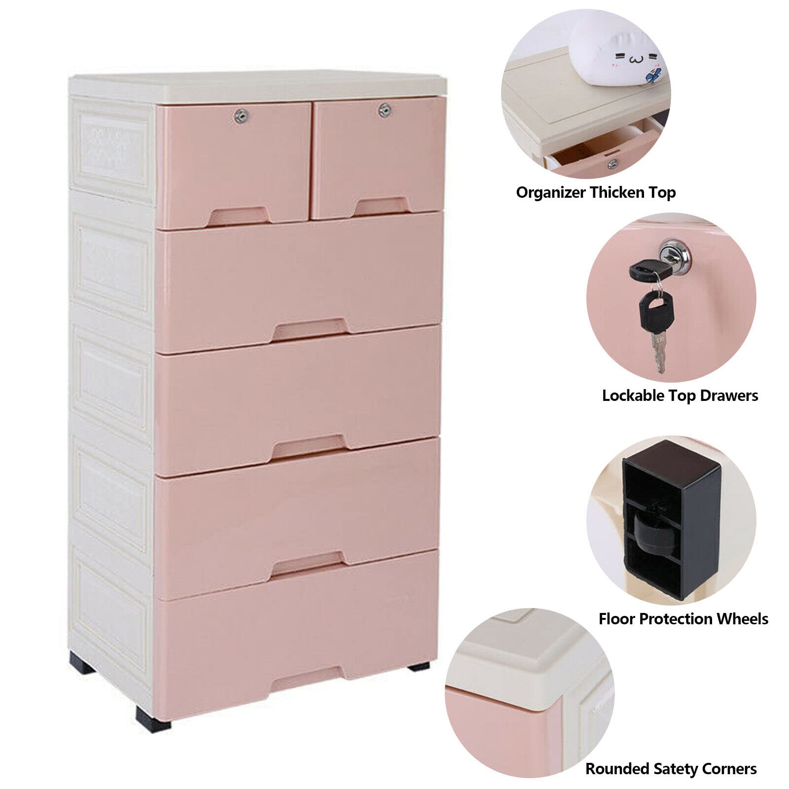 Torre portaoggetti in plastica, cassettiera con 6 cassetti e 4 ruote, modernità per soggiorno, camera da letto, larghezza 50 x profondità 30 x altezza 120 cm (rosa)