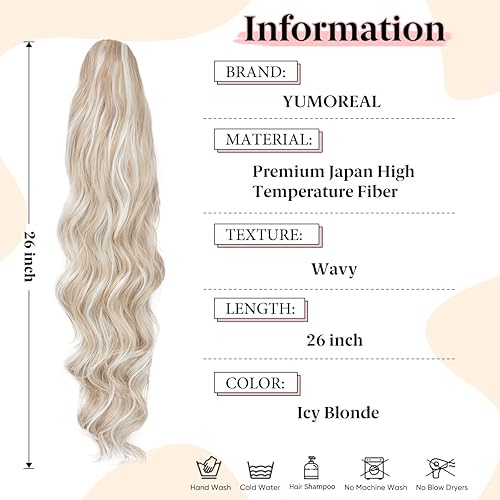 Miniatura 2 de Extensiones onduladas de cola de caballo con cordón, rubio helado, largo, 26 pulgadas, postizo, sintético para mujer