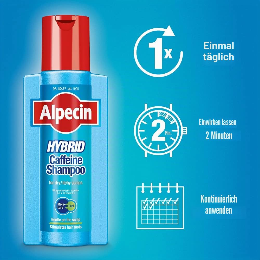 Alpecin Hybrid Shampoo 3x 250ml | Natürliches Haarwachstumsshampoo für empfindliche und trockene Kopfhaut | Energizer für kräftiges Haar | Haarpflege für Männer Made in Germany