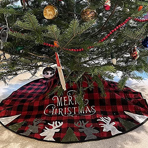 Winemana 48 Inch Christmas Tree Skirt, Double Layers Red Black Buffalo Plaid Mat With Reindeer, Merry Christmas Ornaments For Home Holiday Party Decorations (48 Inch Red) #TOP6
