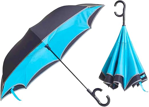 Amazon 逆さ傘 ワンタッチ 日傘 Uvカット 100 遮光 長傘 さんばりあ 360度に見られる反射 じると自立可能 長傘錆びない 台風対応 梅雨対策 晴雨兼用 耐風 撥水 遮光遮熱 外側は黒 内側は青 長傘 通販
