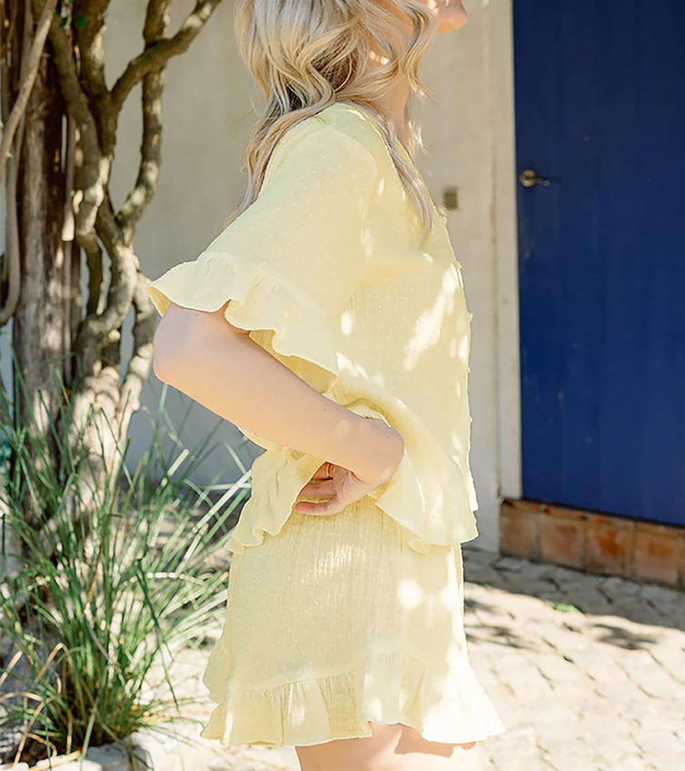 Womens Summer 2 Piece Set Button Down Ruffle Trim Top and Casual Shorts Set Cotton Pajama Set - Image 4