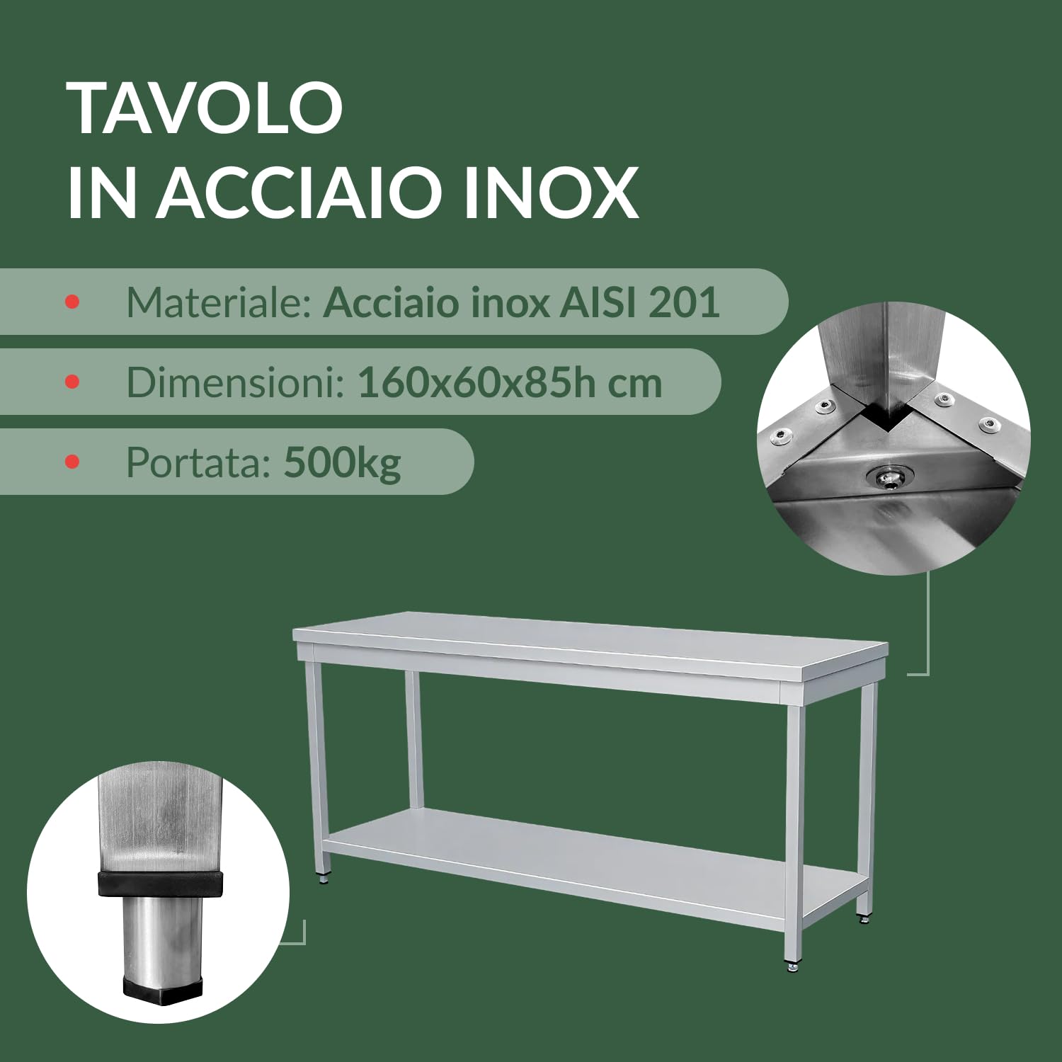 Ristoattrezzature Tavolo in acciaio inox 160x60x85h cm su gambe con piano di fondo VS