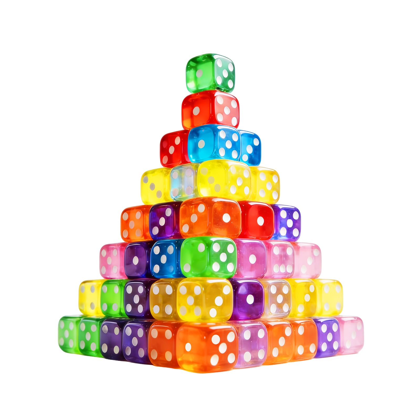 Dice - 50Pcs Translucent 6 Sided Acrylic Dice Set, 10 Vibrant Colours with Rounded Edges, Ideal for Board Games, Maths Teaching, Family Game Nights & Party Activities