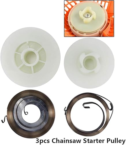 Miniatura 6 de 3 piezas de motosierra eléctrica Polea de arranque fácil con 2 resortes Fit motosierra 4500 5200 5800 45cc 52cc 58cc motosierra piezas de repuesto