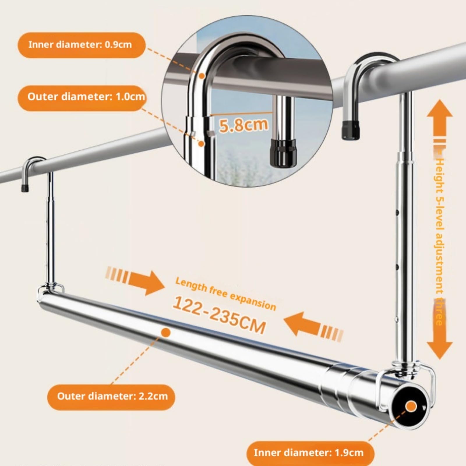 Portant à vêtements suspendu en acier inoxydable, portant à vêtements télescopique，La perche télescopique est réglable en longueur de 120 cm à 240 cm, adaptée à une utilisation intérieure/extérieure.