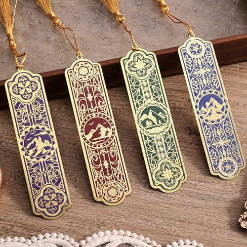 4 Pieces Metal Bookmarks with Tassel Big Size Golden Vintage Aesthetics Scenery Mountain Theme Book Mark Bookmark for Women Book Lovers Gift Writers Readers Teens Men