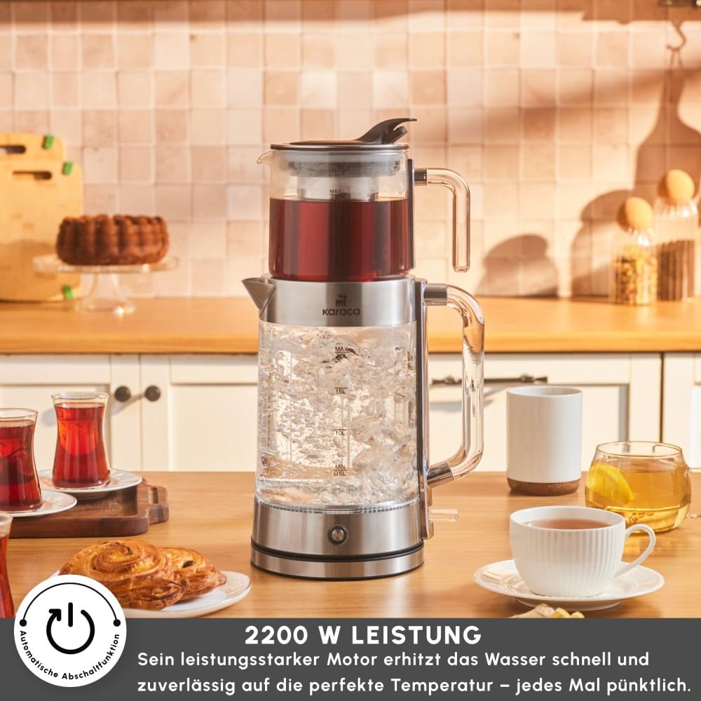 Karaca Luma Glas-Teemaschine, 2200W – 0,8L Teekanne & 2L Wasserkocher, Warmhaltefunktion, LED-Beleuchtung, 30 Gläser/13 Tassen Kapazität, Glasdesign mit Griffen