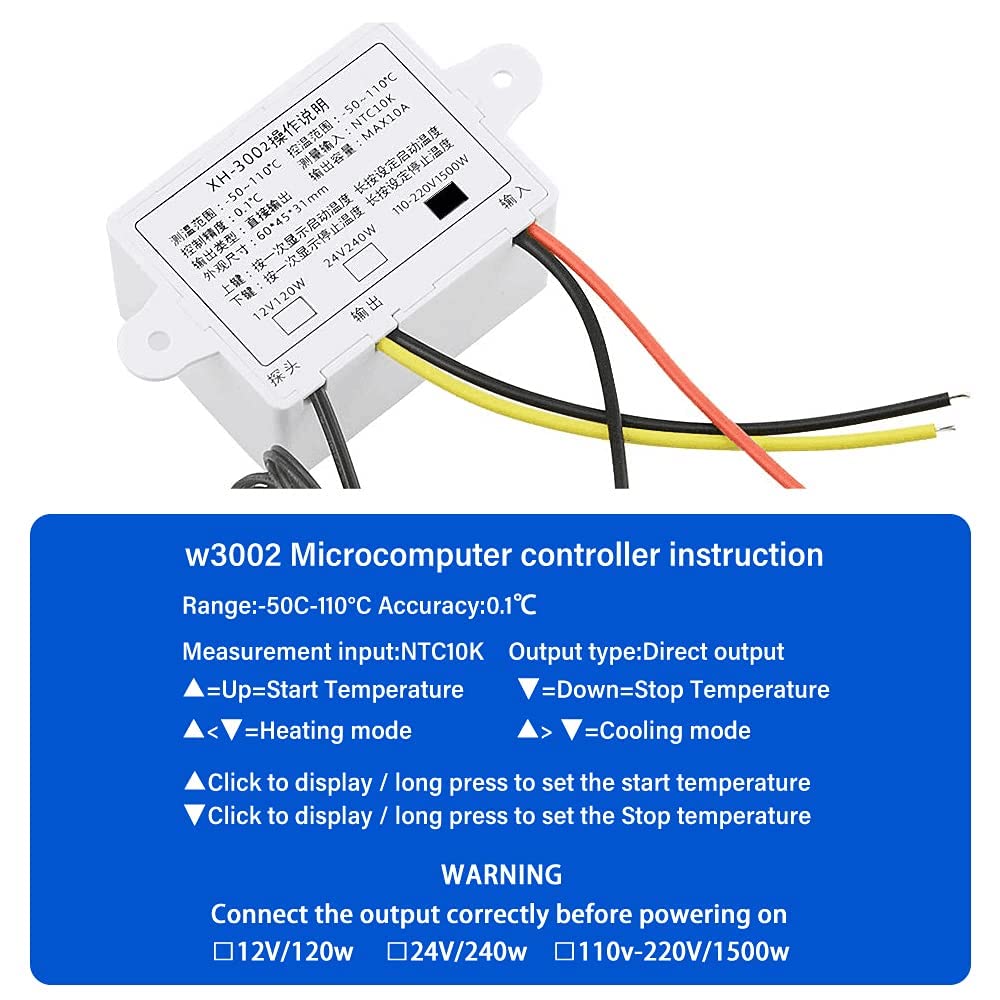XH-W3002 DC 110V-220V 1500W 10A Microcomputer Digital Temperature Controller Digital Display Thermostat Control Switch and NTC 10K Thermistor Sensors Temperature Probe (110-220V 1500W) — Amazon image 3