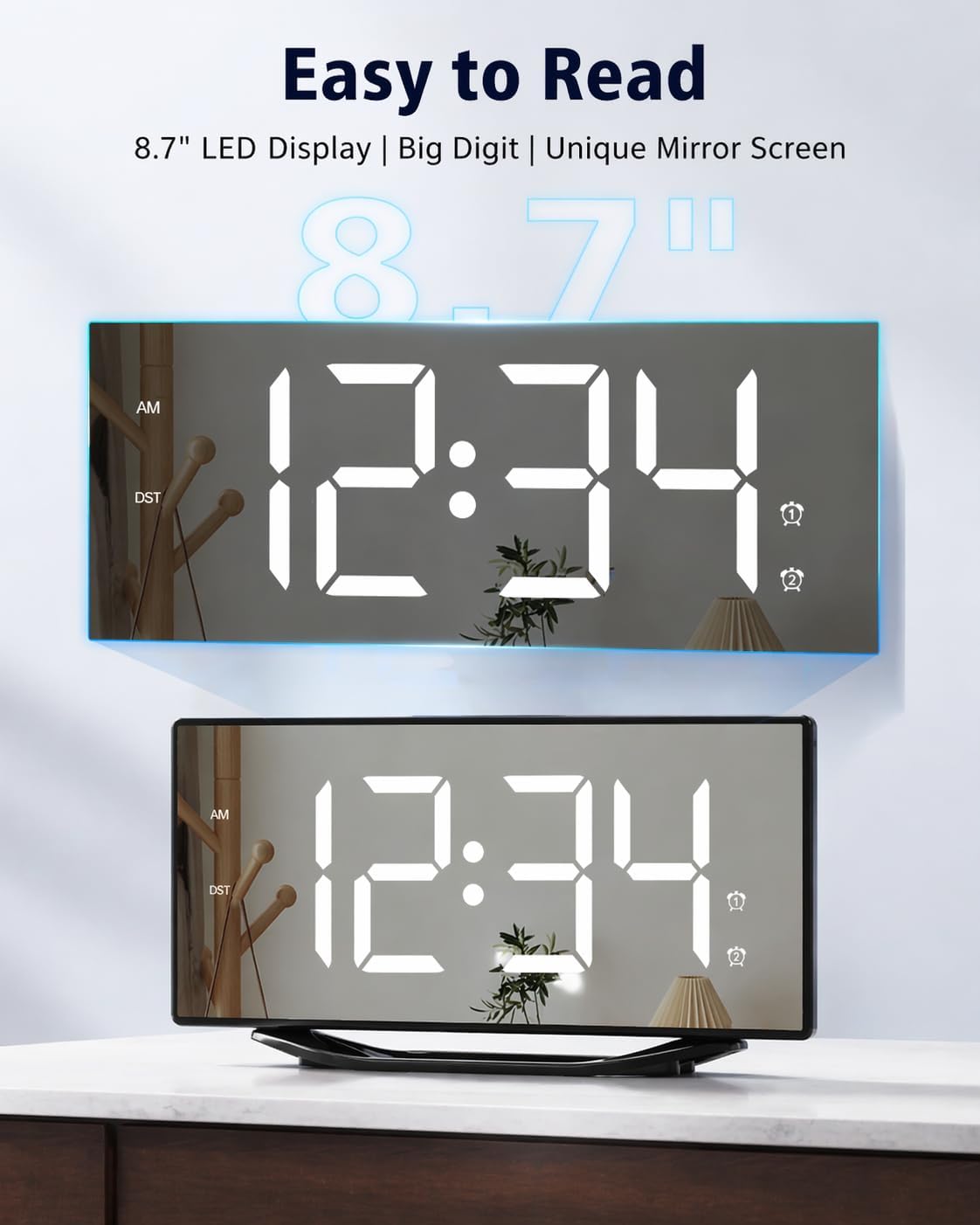 PPLEE Large Digital Alarm Clock for Bedroom, 8.7" LED Mirror Display with Big Numbers, Dual Alarms, USB Charging Port, Auto Dimmer, Adjustable Volume, Snooze Clock for Heavy Sleepers and Seniors
