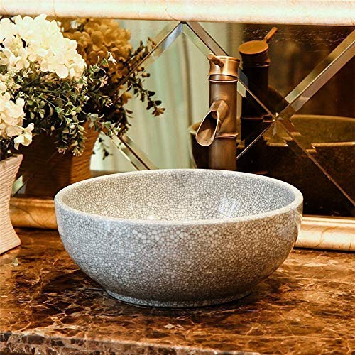 Crackle Effect Glaze Bathroom Cloakroom Ceramic Counter Top Basin Sink Wash Bowl Kasbah Painted Patterned Round Ceramic Washing Basin Sink Craft Handmade 350 mm, 300 mm (35cm, Grey)