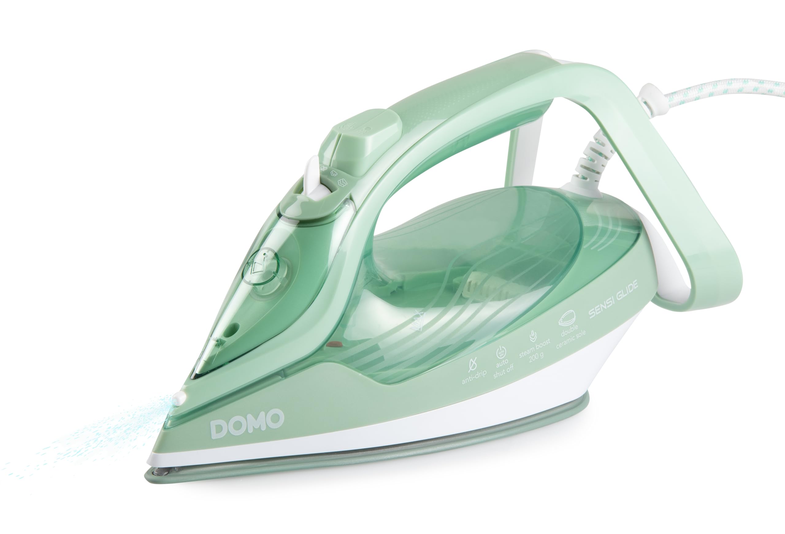 DOMO DO7059S SensiGlide Fer à Repasser Vapeur - Double semelle en céramique – Débit vapeur 50g/min – Fonction pressing - 400ml - 2830 W - Bleu/vert