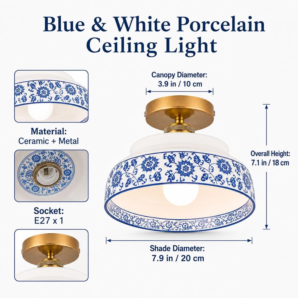 Jadssox Niebiesko-biała Ceramiczna Lampa Sufitowa W Stylu Vintage Złota Plafon, Porcelana Blisko Lamp Sufitowych Do Przedpokoju Kuchnia Przedpokój Foyer Balkon
