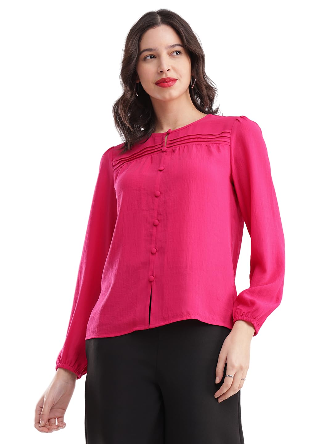 women formal top | elegant button-front design with round neck & long sleeves | smooth solid color fabric for office wear & evening occasions