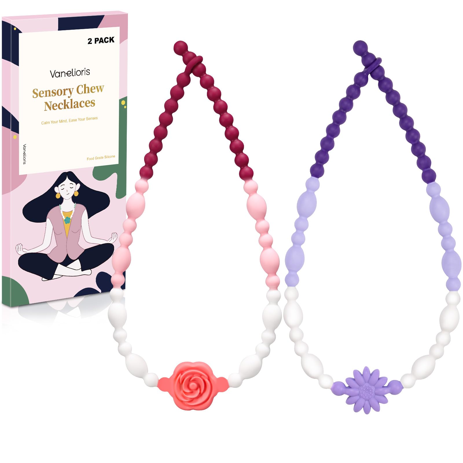 Chew Necklaces for Sensory Kids Adults, Flower Chewy Necklace Sensory Toys for Autism Nail Biting Anxiety, Fidget Necklace Oral Chew Toys, ADHD Tools