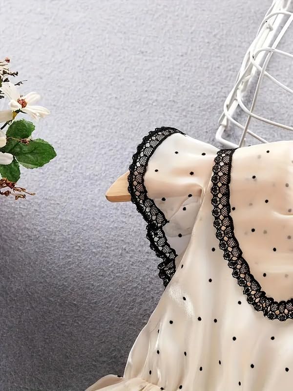 Image of Niren Enterprise Girls' Ivory Polka Dot Peter Pan Collar, Frill Sleeve, Flared Tulle Skirt, Elegant Birthday & Summer Wear Party Dress