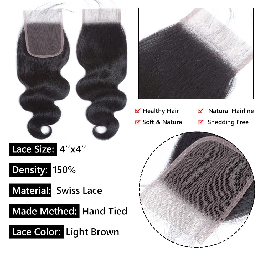 4x4 Lace Closure Body Wave Human Hair Transparent Lace Closure Human Hair 100% Unprocessed Brazilian Virgin 150% Density Body Wave Natural Black 22Inch
