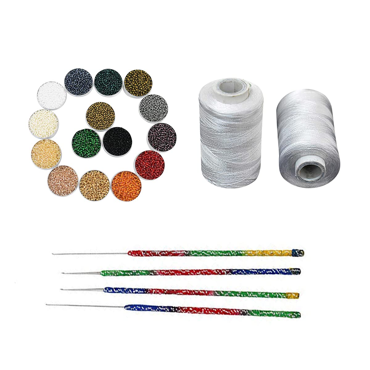 Embroiderymaterial Round Glass Seed Beads Mix and Festive Collection of Aari Needles and White Color Art Silk Thread Combo