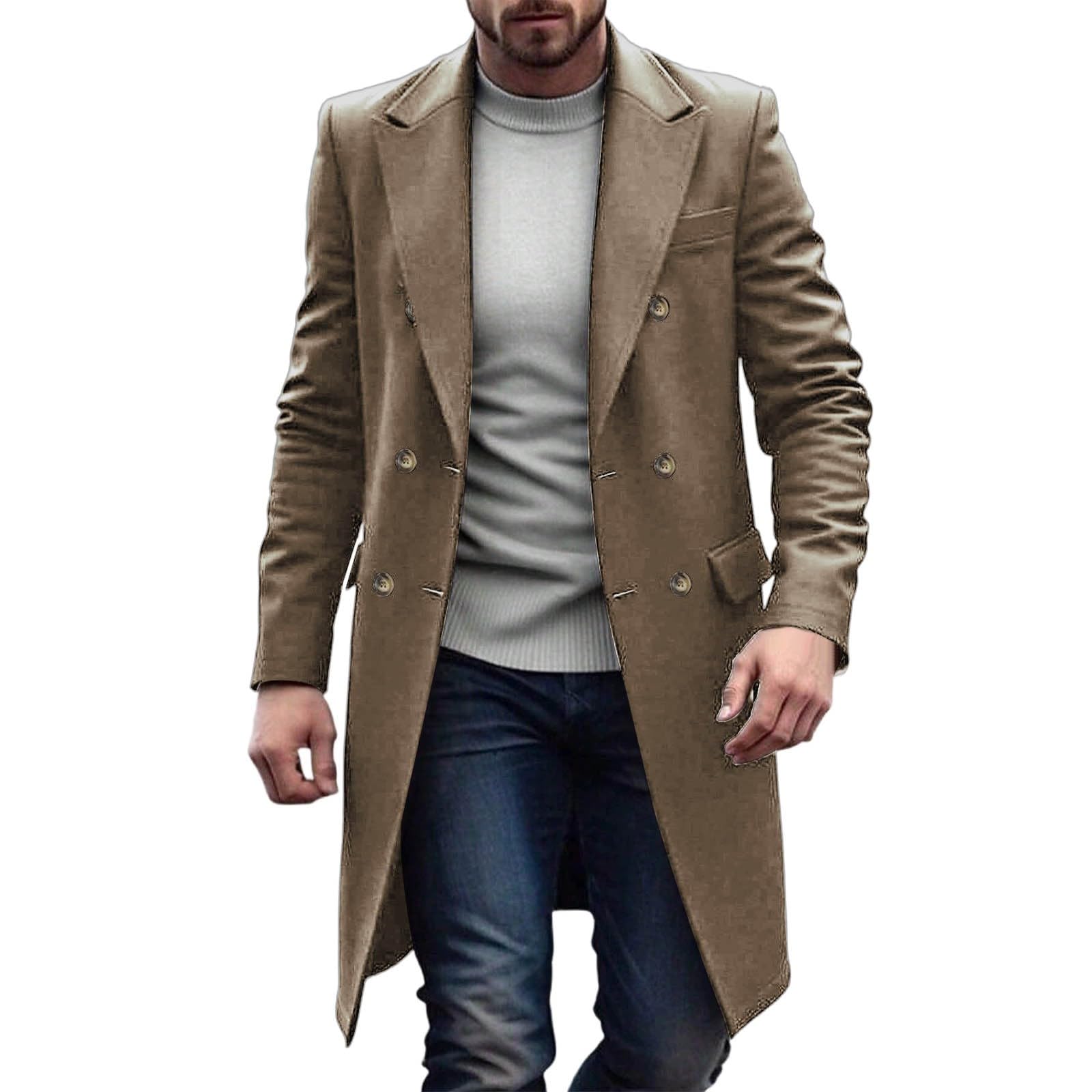 Mens Wool Blend Double Breasted Overcoat Mid Length Business Casual Fall Winter Outerwear Notch Lapel Solid Coat