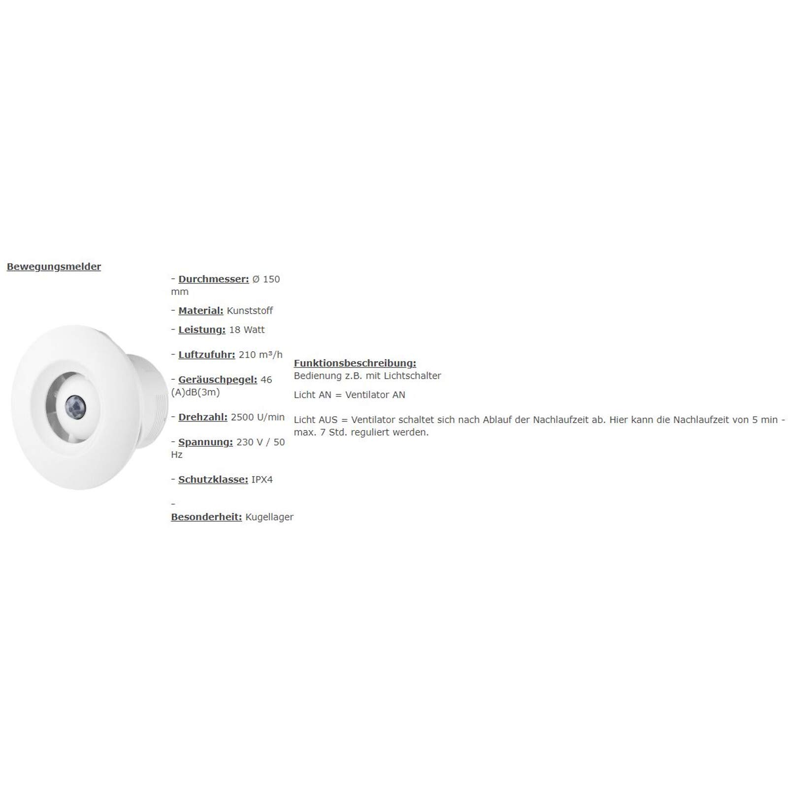 VONLIS Badlüfter Ventilator Wand Decke Niederspannung rund Ø 150 mm Bewegungsmelder + Rückstaukl.