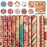 Geschenkpapier Weihnachten Set,12 Stück 9 Designs 70 cm x 50 cm Recycelbares Kraftpapier Weihnachtsgeschenkpapier,mit Weihnachtspapier Geschenkanhänger und Jute Schnur