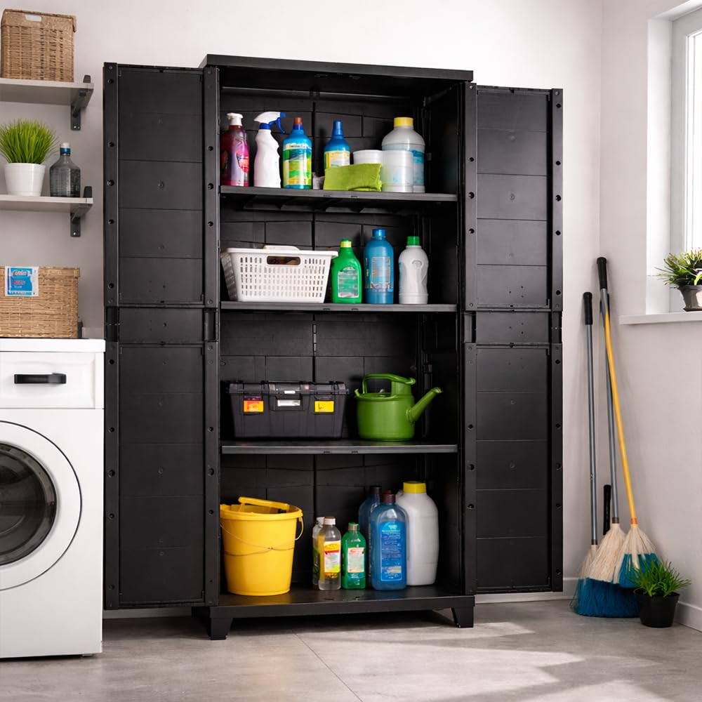 Ondis24 Kunststoffschrank Prime Beistellschrank mit 3 Böden verstellbar 15 kg Schwarz Abschließbar Mehrzweckschrank für Haushalt, Keller & Abstellraum (Schloss Nicht enthalten) (172cm)