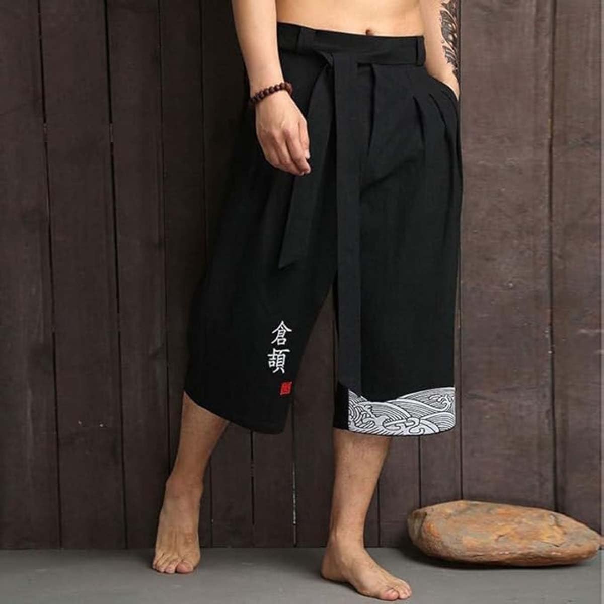Męskie spodnie kimono 3/4, lniane szorty, lekkie letnie spodnie, odzież azjatycka, tradycyjne japońskie spodnie dresowe, styl japoński (Noir, XXL)