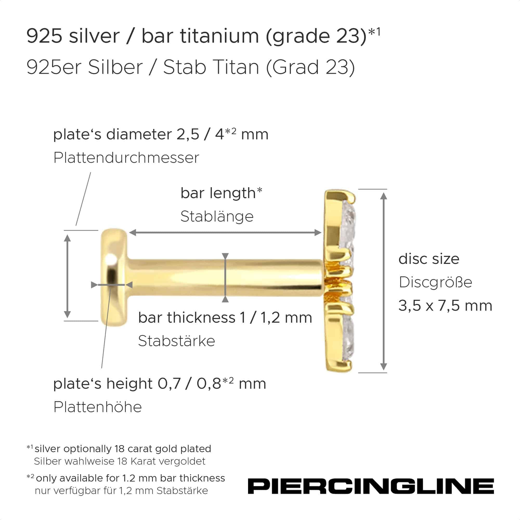 PIERCINGLINE Piercing Stecker Titan Labret mit Innengewinde + 925er Silber Aufsatz MOISSANIT-BOGEN - Goldfarben, Silberfarben