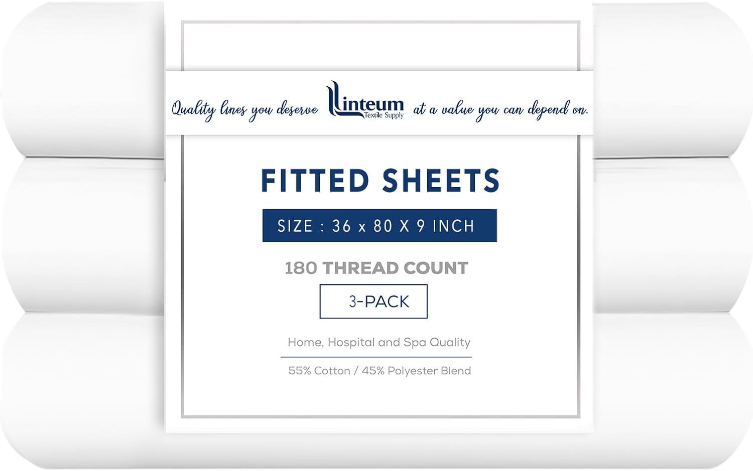 Linteum Textile Supply White Fitted Sheet Twin 36x80x9 Inches 3-Pack Poly Cotton Blend 180 Thread Count Durable Breathable Easy Care Bottom Sheets for Hospitals, Hotels, Healthcare, Spa