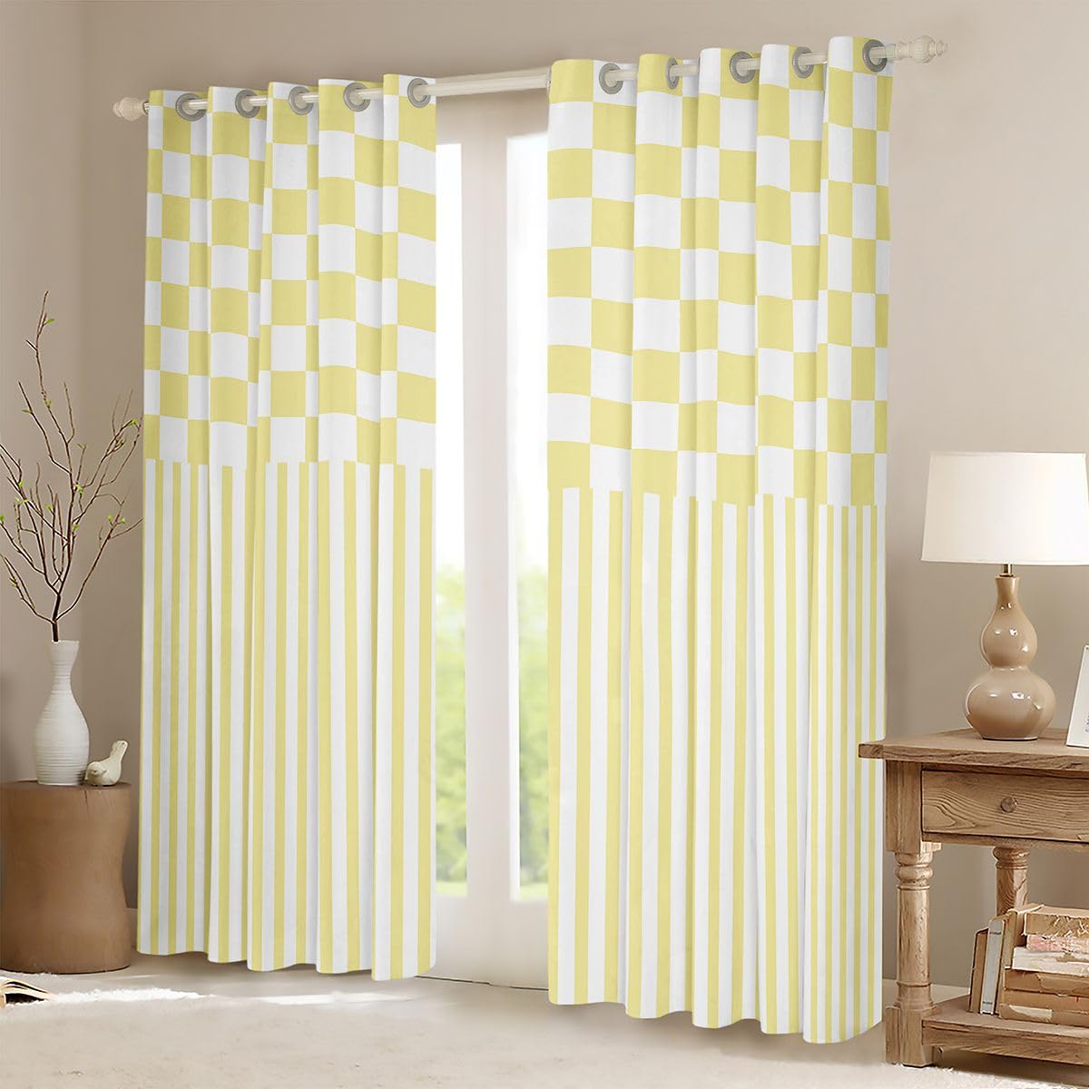 Homewish Żółte i białe zasłony zaciemniające w paski, 117 x 183 cm, w kratkę, zasłony na przelotkach do salonu, sypialni, prosty design, 2 panele, sztuka nowoczesna, estetyczna dekoracja
