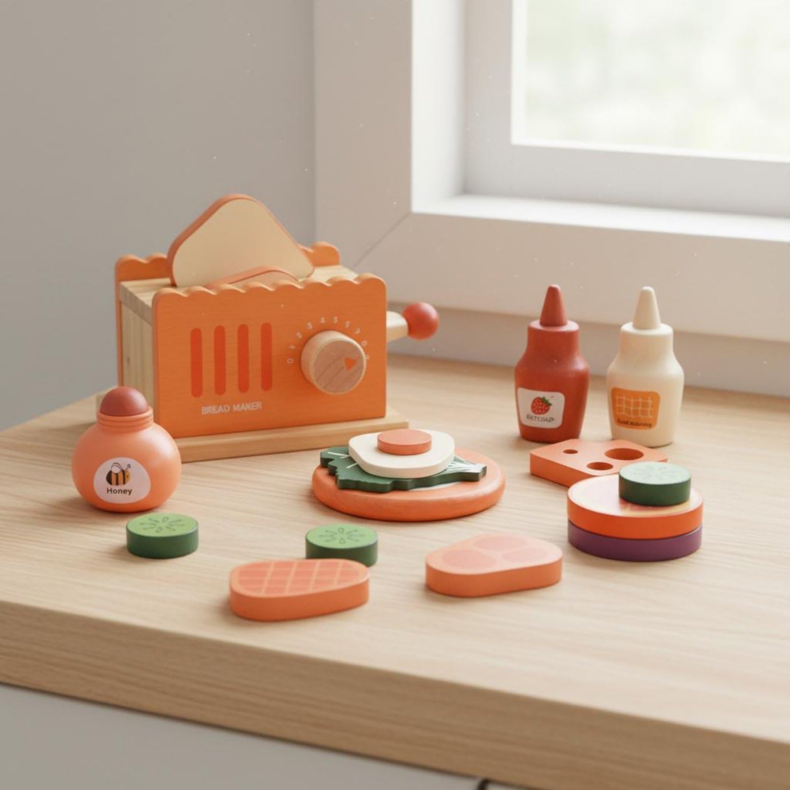 Amagogo Cucina Giocattolo Bambini Set Colazione Finta Tostapane Pane Ingredienti Cibo Gioco Legno Educativo Manuale Interattivo Leva Girevole Adatto per Gioco di Ruolo Apprendimento Casa Cameretta