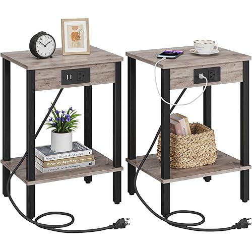 Set of 2 End Table with Charging Station, Narrow Side Table with USB Ports and Outlets, Nightstands with 2-Tier Storage Shelves, Sofa Table for Small Space Living Room Bedroom, Greige