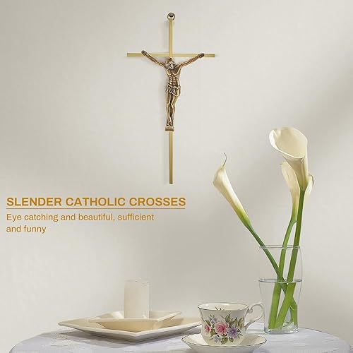 Miniatura 5 de Leinuosen Crucifijo de pared de 4 piezas de cruz católica delgada de metal para decoración del hogar, colgante de Jesús, 10 x 5 x 1 pulgadas (dorado)
