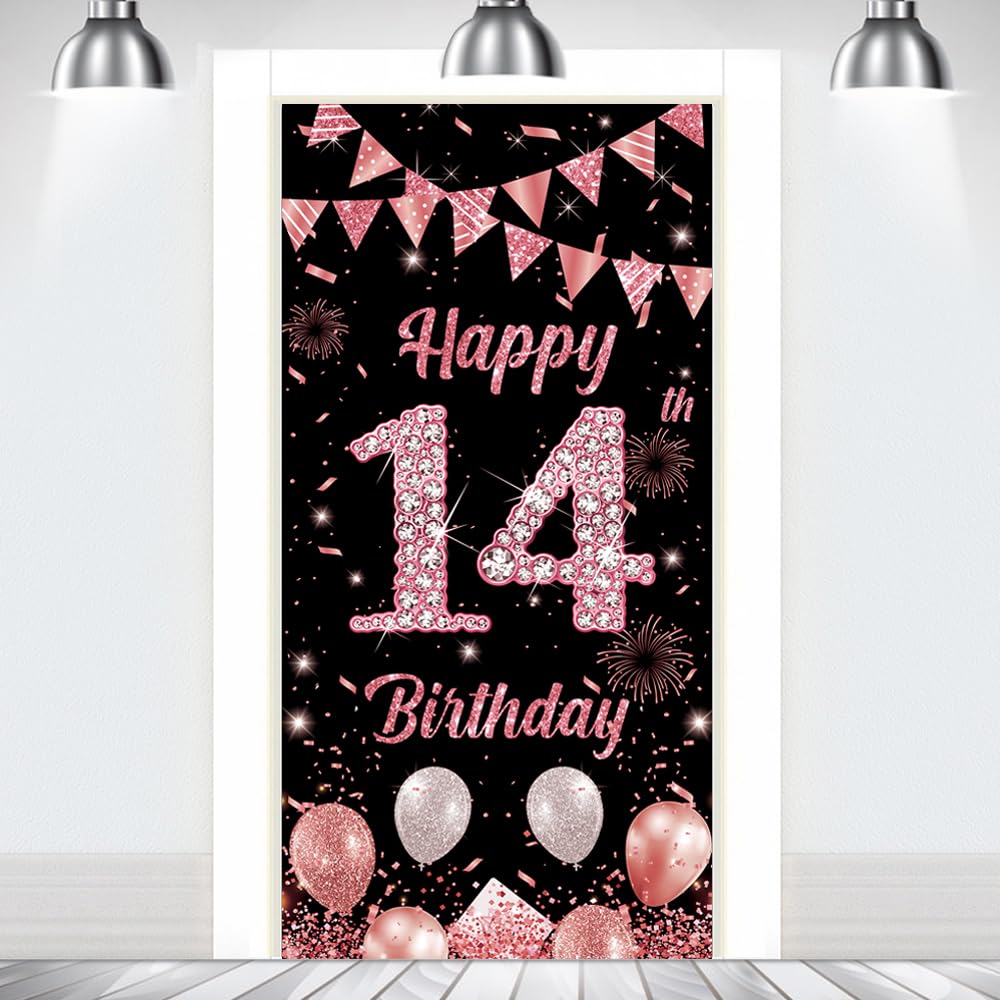 14th Birthday Decorations Door Banner Backdrop for Boys Girls Rose Gold Black Birthday Decorations 14 Years Old Door Banner Background Outdoor Indoor Party Supplies Photo Props Booth Decor180Γ90cm