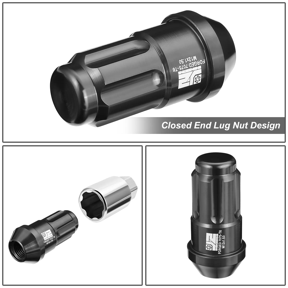 J2 Engineering J2-LN-T7-035-15-BK M12 x 1,5 T6-7075 Dadi a estremità chiusa in alluminio da 50 mm con adattatore di estensione Deep Drive, nero