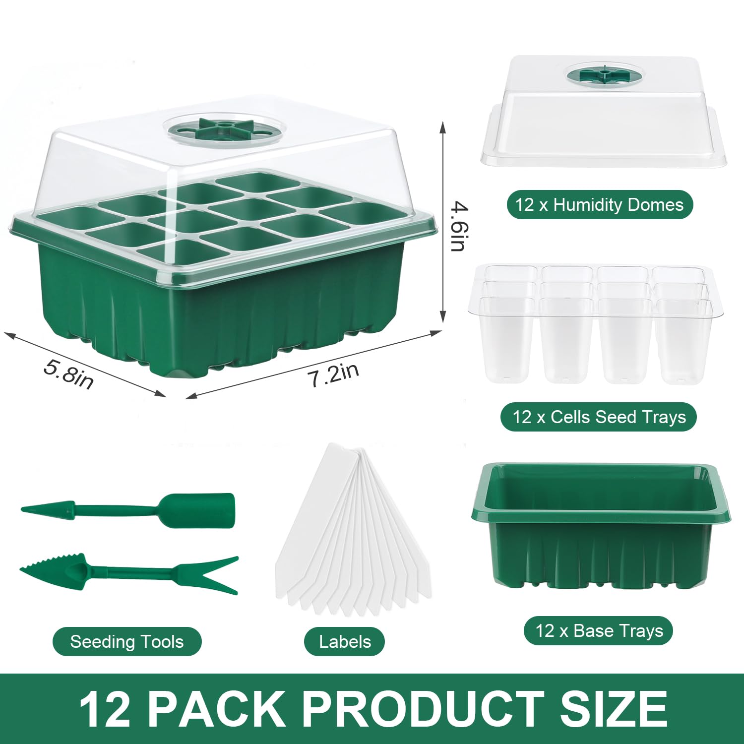 YAUNGEL 12-Pack Seed Starter Trays - 144 Cells With Clear Dome Lids & Adjustable Vents, Green (3.7x3.7cm Cells)-726805