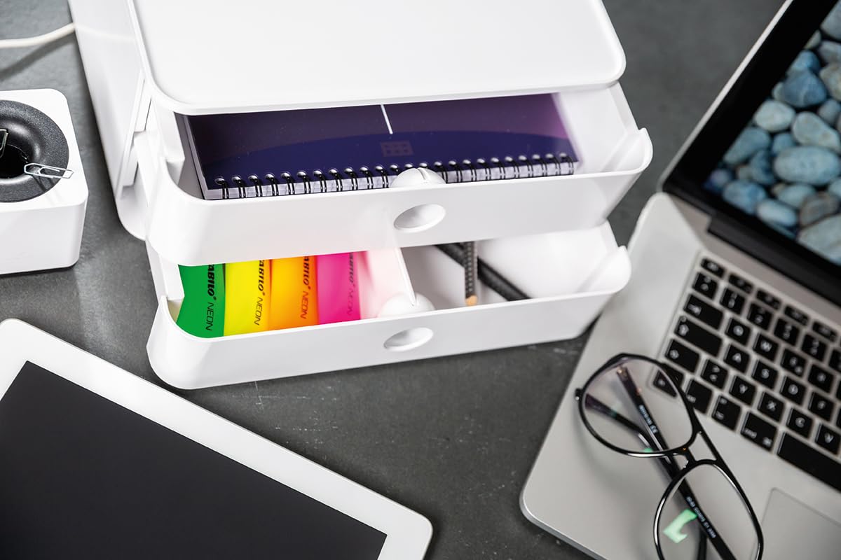 HAN Schubladenbox Allison SMART-BOX plus mit 2 Schubladen, Trennwand sowie Utensilienbox, inkl. Kabelführung, stapelbar, Büro, Schreibtisch, Küche, möbelschonende Gummifüße, 1100-12, hochglänzend weiß