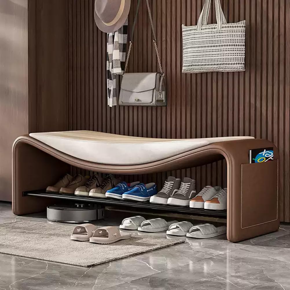 LWJSOCP Upholstered Shoe Storage Bench with Padded Cushion 2-Tier Shoe nizer Stool for Entryway Hallway & Bedroom - Stylish Brown 100cm Storage Solution