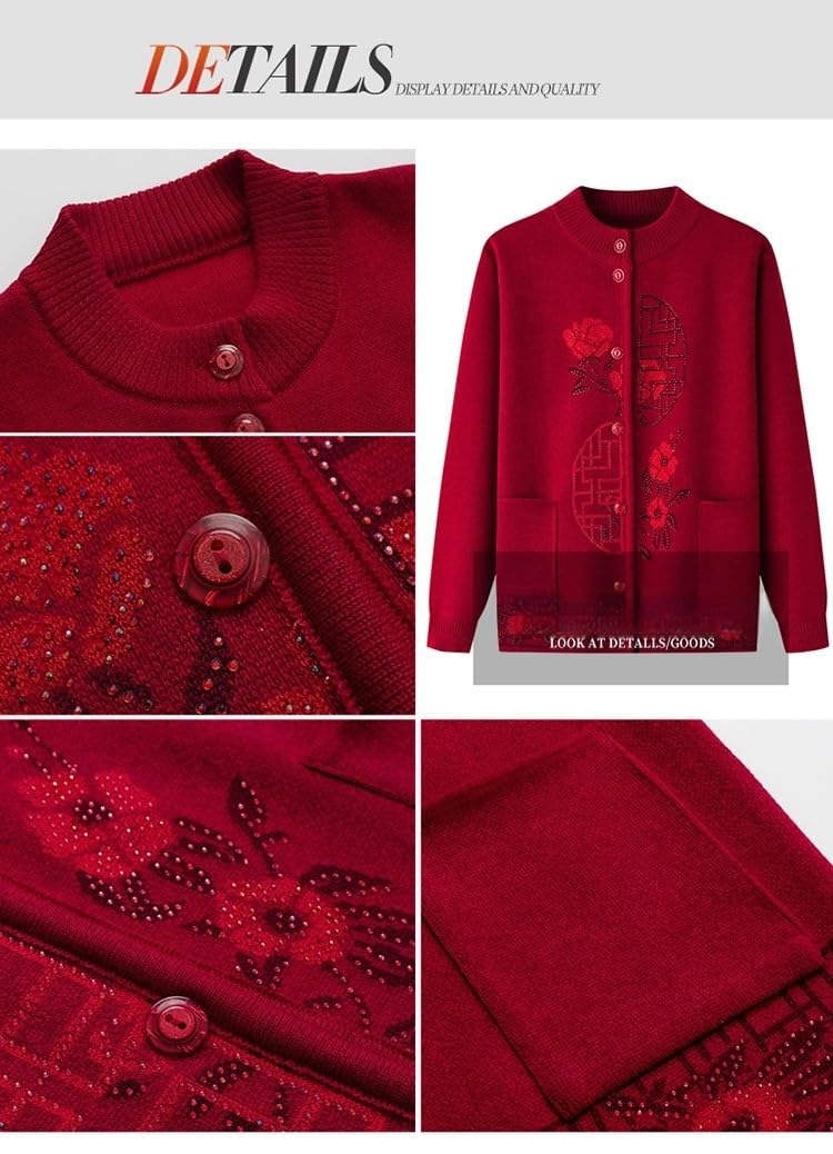 Cardigan Mujer Invierno,Suéteres Tipo Cárdigan De Punto para Mujeres De Mediana Edad Y Mayores Blusas De Estilo Chino para Mujeres Mayores Blusas con Estampados Retro para Madres Suéter De Punto