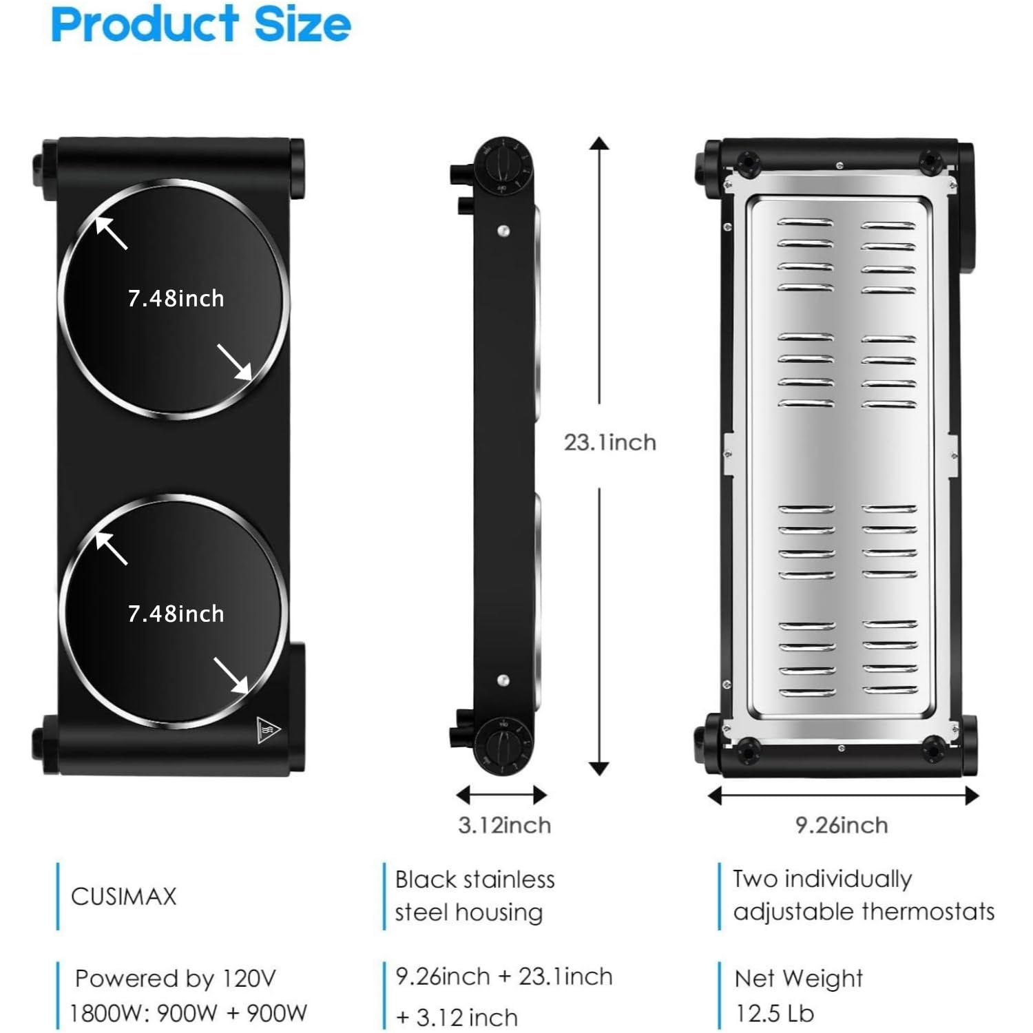 Placa eléctrica eléctrica de doble quemador infrarrojo de 1800 W, alta potencia para cocción rápida, estufa eléctrica portátil de vidrio de cerámica de 7 pulgadas con control de temperatura ajustable 3