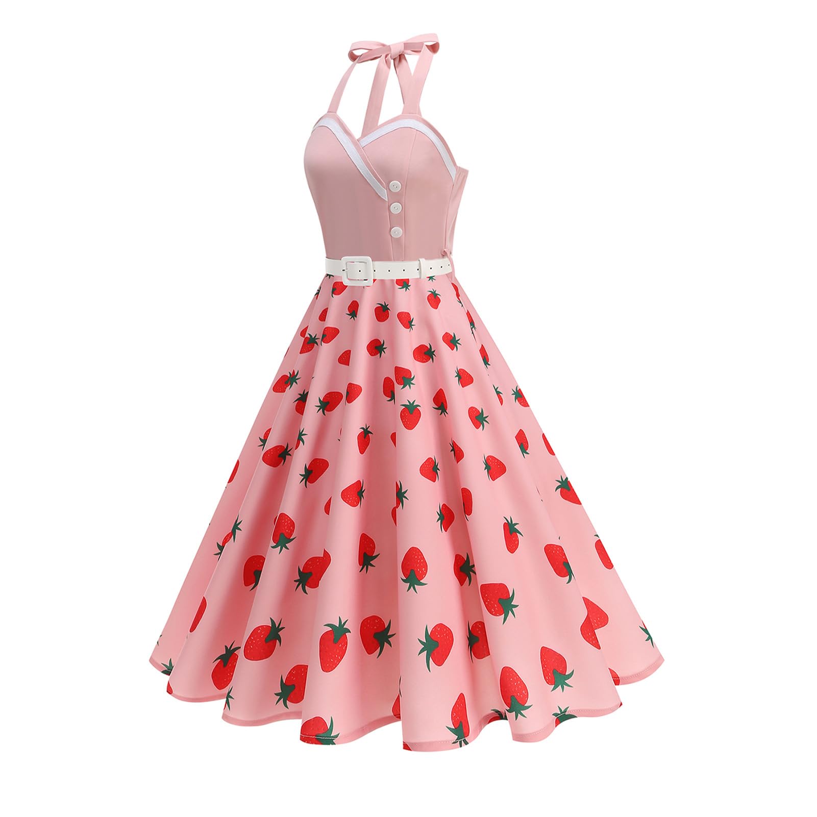 Robe de style années 50 pour femme, style vintage, à motif floral, sans manches, dos nu, robe de bal mi-longue avec ceinture