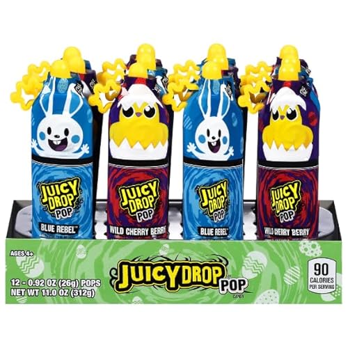 Juicy Drop Pops - Festive Bunny & Chick Packaging - Blue Cherry & WIld Cherry Berry - Gift Case Pack of 12 Pops By Lyza's Sweets & Treats