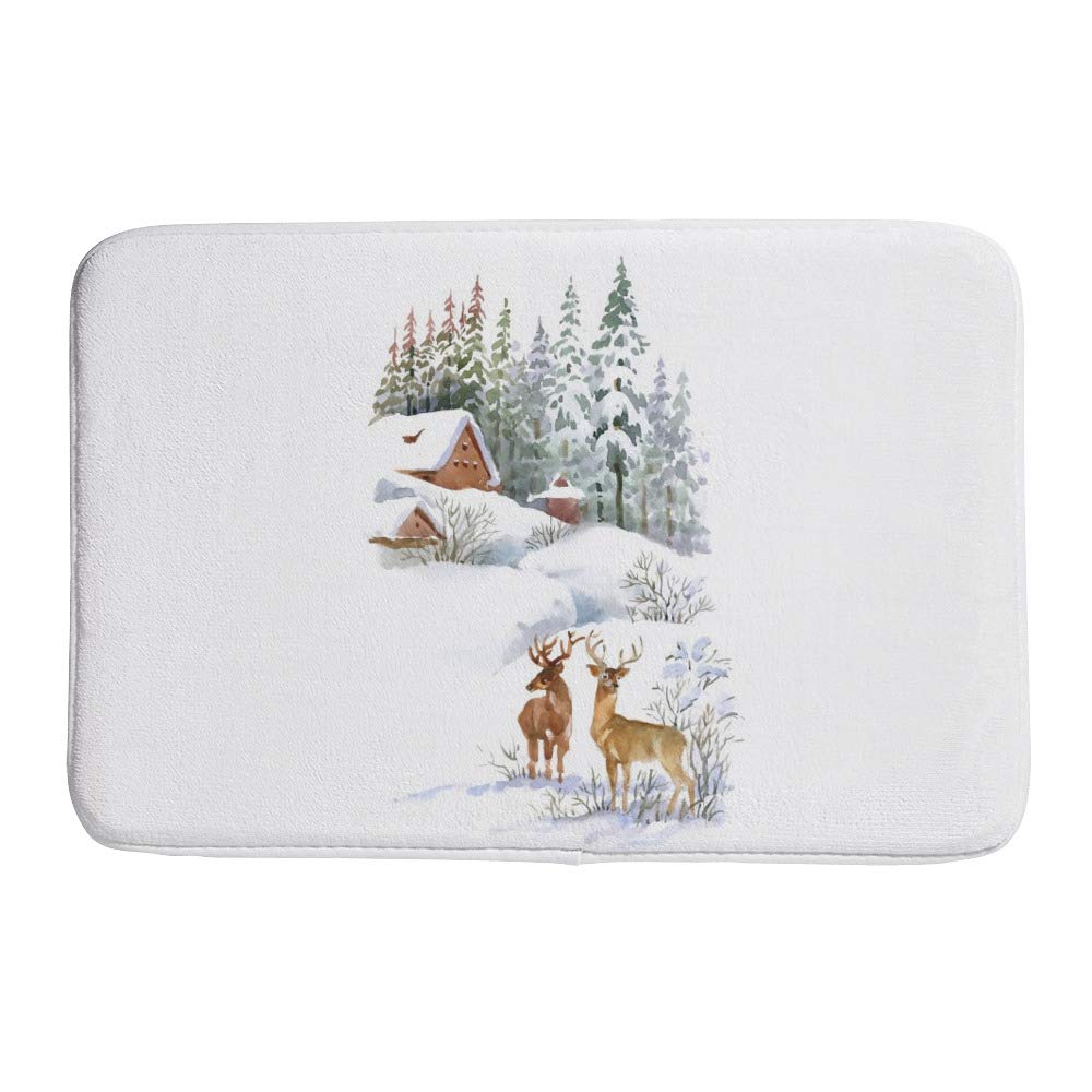 Tapis d'entrée aquarelle paysage d'hiver cerf en polaire corail premium