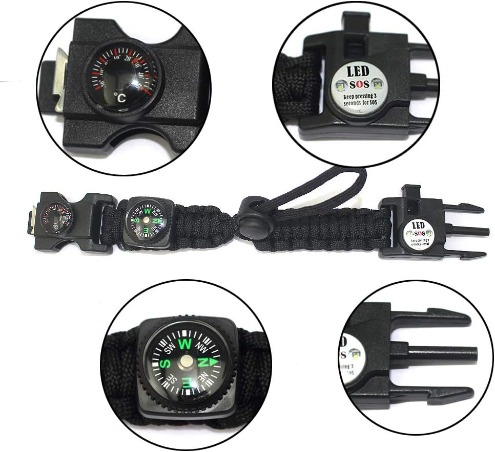 TECHONG Sports Paracord Bracelet - 7 String Woven Adjustable Survival Black Casual Wristband with 20 Emergency Tools for Wilderness Hunting & Fishing : Sports & Outdoors