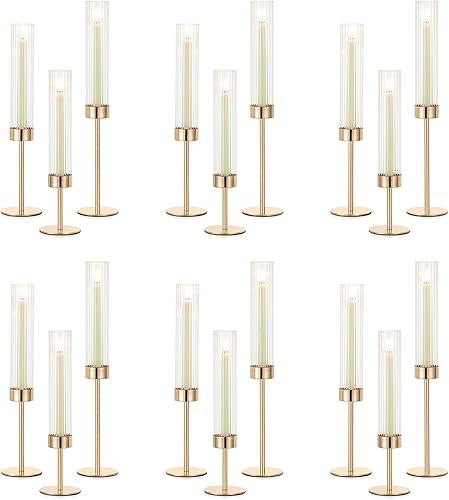 NUPTIO Soporte para velas de cristal de huracán 18 piezas de portavelas cónico dorado a granel, decoración moderna de velas con funda de chimenea