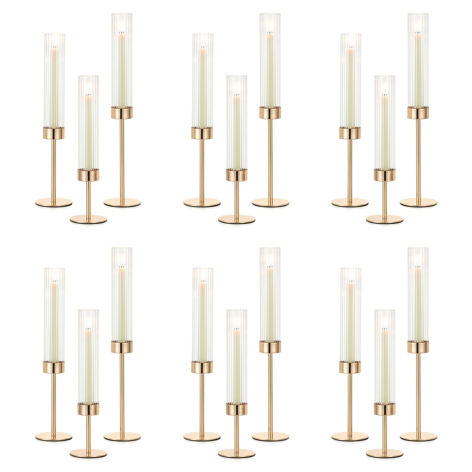 NUPTIO Hurricane Glass Candles Holder: 18 Pcs Gold Taper Candle Stick Holder Bulk - Modern Candlestick Holders with Tall Ribbed Chimney Sleeve for Wedding Party Centerpiece Decor