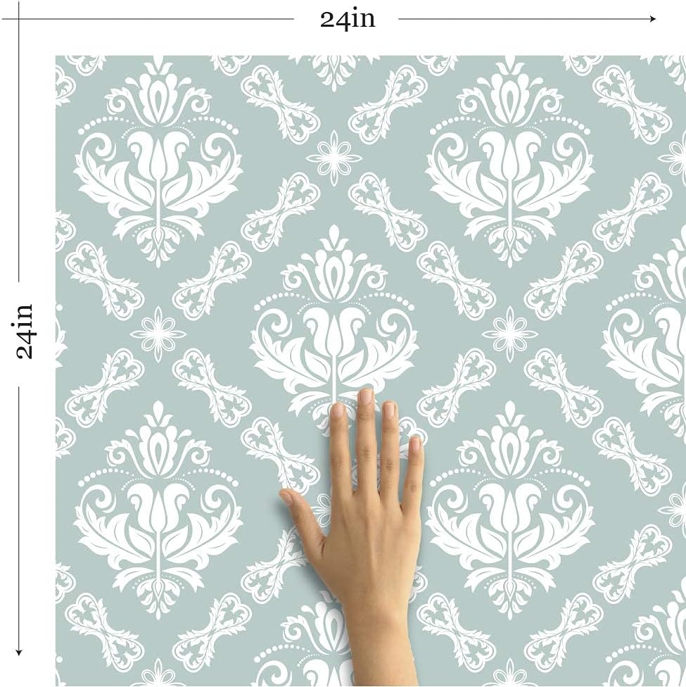 Walls By Me Peel and Stick Duck Egg Blue Damask Basic Removable Wallpaper 2864-2ft x 4ft (61x122cm)