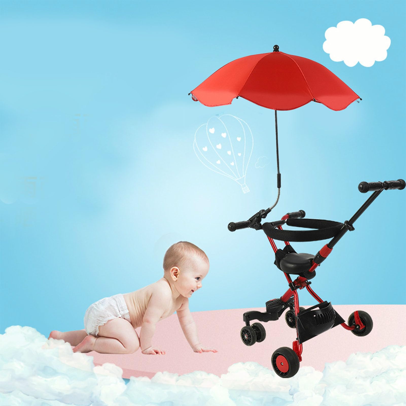 Parasol do Wózka Dziecięcego 14 Cali, Uniwersalna Parasolka do Wózka Dziecięcego Regulowana Ochrona UV Parasol Przeciwsłoneczny do Wózka Spacerowego, Gondoli, Wózka Inwalidzkiego (Czerwony (srebrny klej))