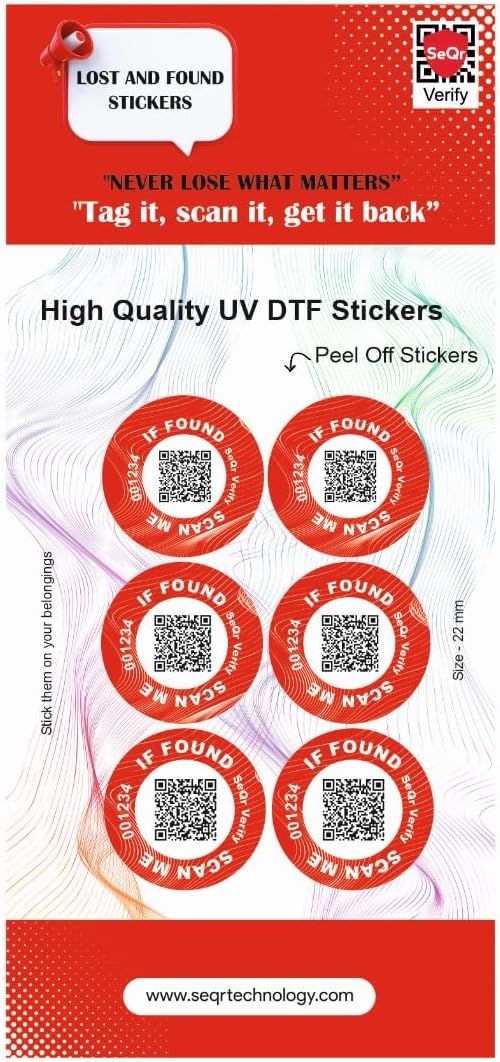 Smart Lost and Found Stickers Multipurpose Waterproof QR Code Labels for Luggage,Travel Bags,School Bags,Bottles,Electronics,Bikes,Helmets,Laptops,& More/Easy Peel & Stick Contactless Return